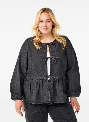 Zizzi Peplum blus i denim med knytband, Dark Grey Denim, Model image number 0