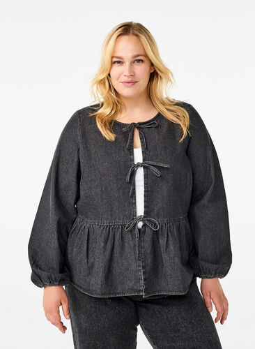 Zizzi Peplum blus i denim med knytband, Dark Grey Denim, Model image number 0