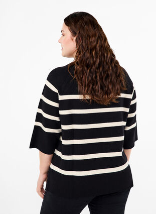 Zizzi Stickad blus med 3/4-ärm och ränder, Black Birch Stripes, Model image number 1