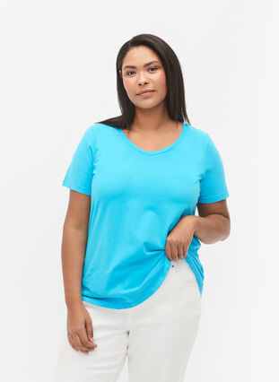Zizzi Enfärgad t-shirt i bomull, Blue Atoll, Model image number 0