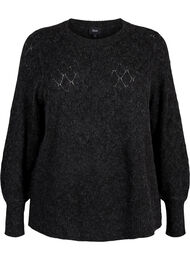 Stickad blus med spetsmönster, Dark Grey Melange