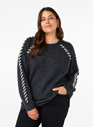 Zizzi Stickad blus med sömmar, Dark Grey White Mel., Model image number 0