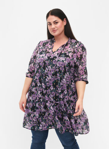 Zizzi Tunika i blommönster och lurex, Black Small Fl. AOP, Model image number 0