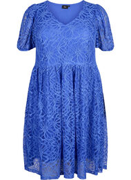 Kortärmad spetsklänning med v-ringning, Dazzling Blue
