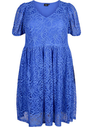 Zizzi Kortärmad spetsklänning med v-ringning, Dazzling Blue, Packshot image number 0