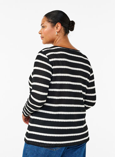 Zizzi Blus med ränder och lång ärm, Black Sand Stripe, Model image number 1