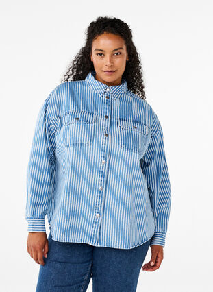 Zizzi Randig jeansskjorta med bröstfickor, Light B.Denim Stripe, Model image number 0