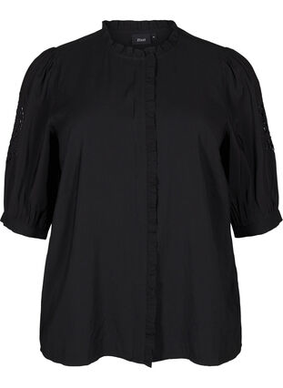 Zizzi Skjortblus med volanger och broderie anglaise, Black, Packshot image number 0