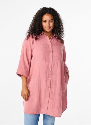 Zizzi Lång skjorta i bomullsmuslin, Old Rose, Model image number 0