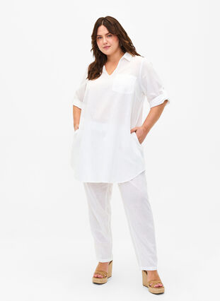 Zizzi Kortärmad tunika i bomullsblandning med linne, Bright White, Model image number 2