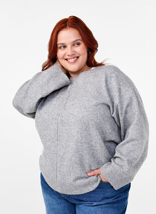 Zizzi Stickad blus med rund halsringning och mittsöm, Light Grey Melange, Model image number 0