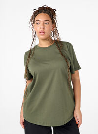 Enkel t-shirt i bomull med rund halsringning, Thyme, Model
