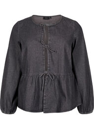 Peplum blus i denim med knytband, Dark Grey Denim