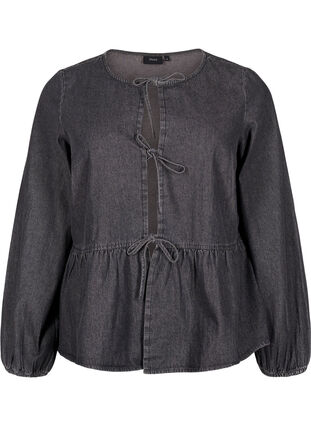 Zizzi Peplum blus i denim med knytband, Dark Grey Denim, Packshot image number 0