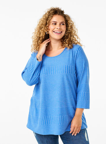 Zizzi Blus med trekvartsärm och randigt mönster, Princess Blue Mel., Model image number 0