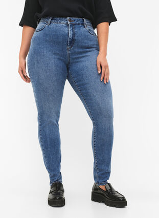 Zizzi Amy jeans med hög midja och super slim fit, Blue denim, Model image number 2