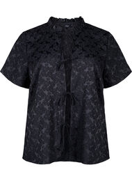 Kortärmad knytbandsblus i jacquard, Black