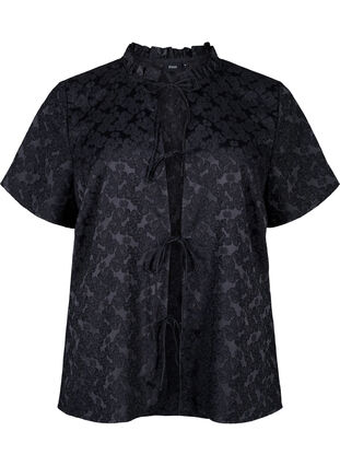 Zizzi Kortärmad knytbandsblus i jacquard, Black, Packshot image number 0