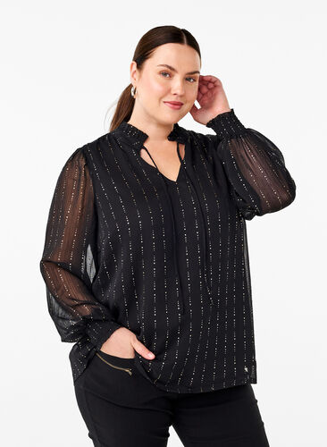 Zizzi Mönstrad chiffongblus med knytband, Black, Model image number 0