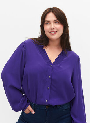 Zizzi Långärmad skjortblus i viskos, Heliotrope, Model image number 2