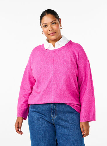 Zizzi Stickad blus med rund halsringning och mittsöm, Fuchsia Red Mel., Model image number 0