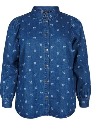 Zizzi Skjorta med rosett i denim, Denim Blue W. Wh.Bow, Packshot image number 0