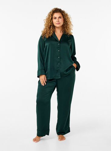 Zizzi Pyjamasbyxor i satin med resår i midjan, Scarab, Model image number 0