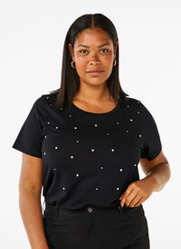 T-shirt i bomull med strasstenar, Black, Model