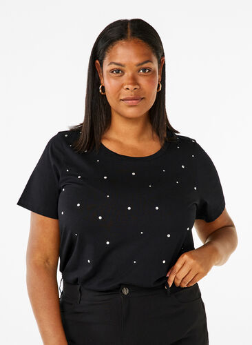 Zizzi T-shirt i bomull med strasstenar, Black, Model image number 0