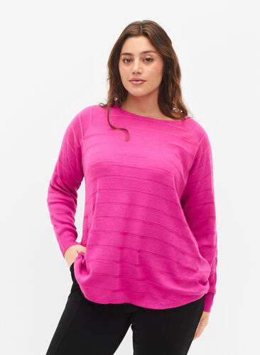 Zizzi Stickad blus med ton-i-ton ränder, Rose Violet, Model image number 0